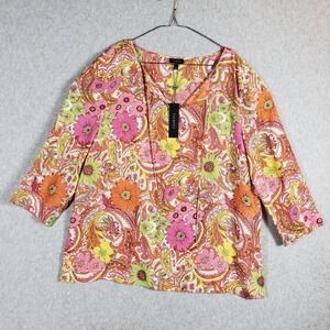 NWT Talbots Women's L Pink Orange Paisley Floral 3/4 Sleeve V-Neck Cotton Blouse